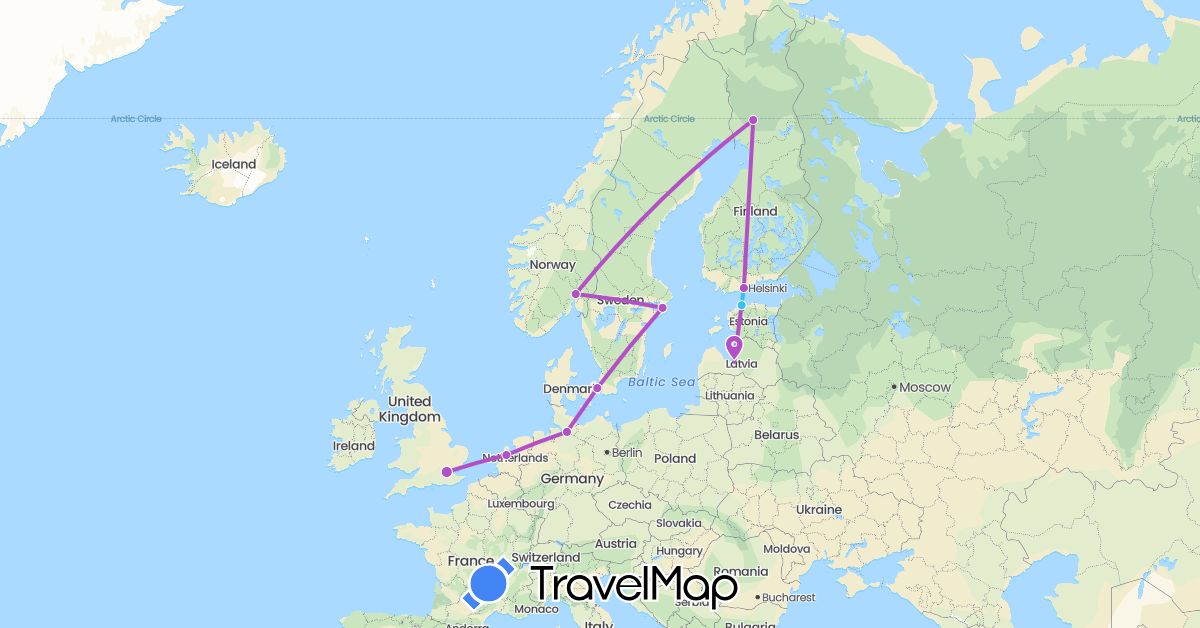 TravelMap itinerary: driving, train, boat in Germany, Denmark, Estonia, Finland, United Kingdom, Latvia, Netherlands, Norway, Sweden (Europe)